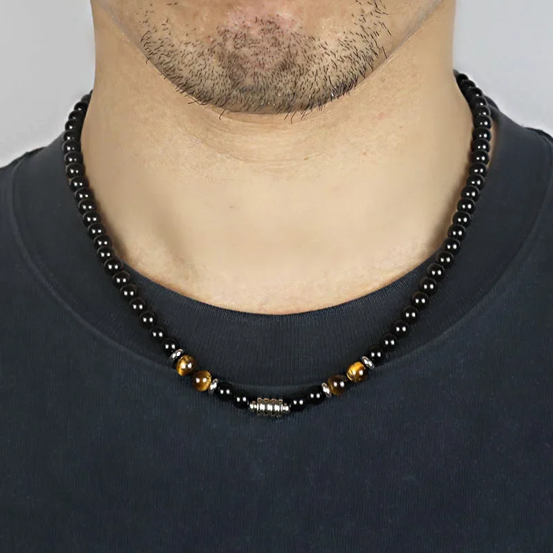 2023 Trendy Natural Tiger Eye Stone Beaded Necklace For Men Vintage Stainless Steel Geometric Pendant Necklace Men Jewelry LYC-6