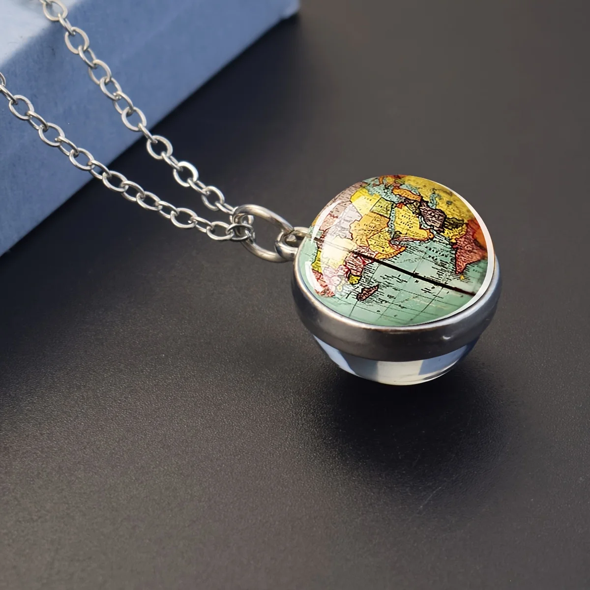 Collier pendentif globe terrestre, design géographique mondial, collier boule de verre double face, bijou cadeau pour les amateurs de voyages AXG