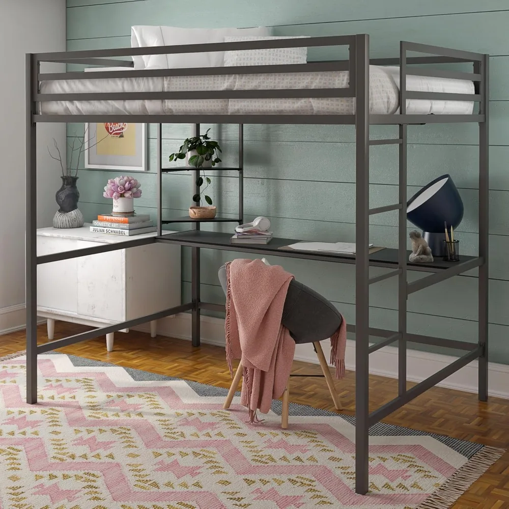 Cama alta completa de metal con escritorio y estantes