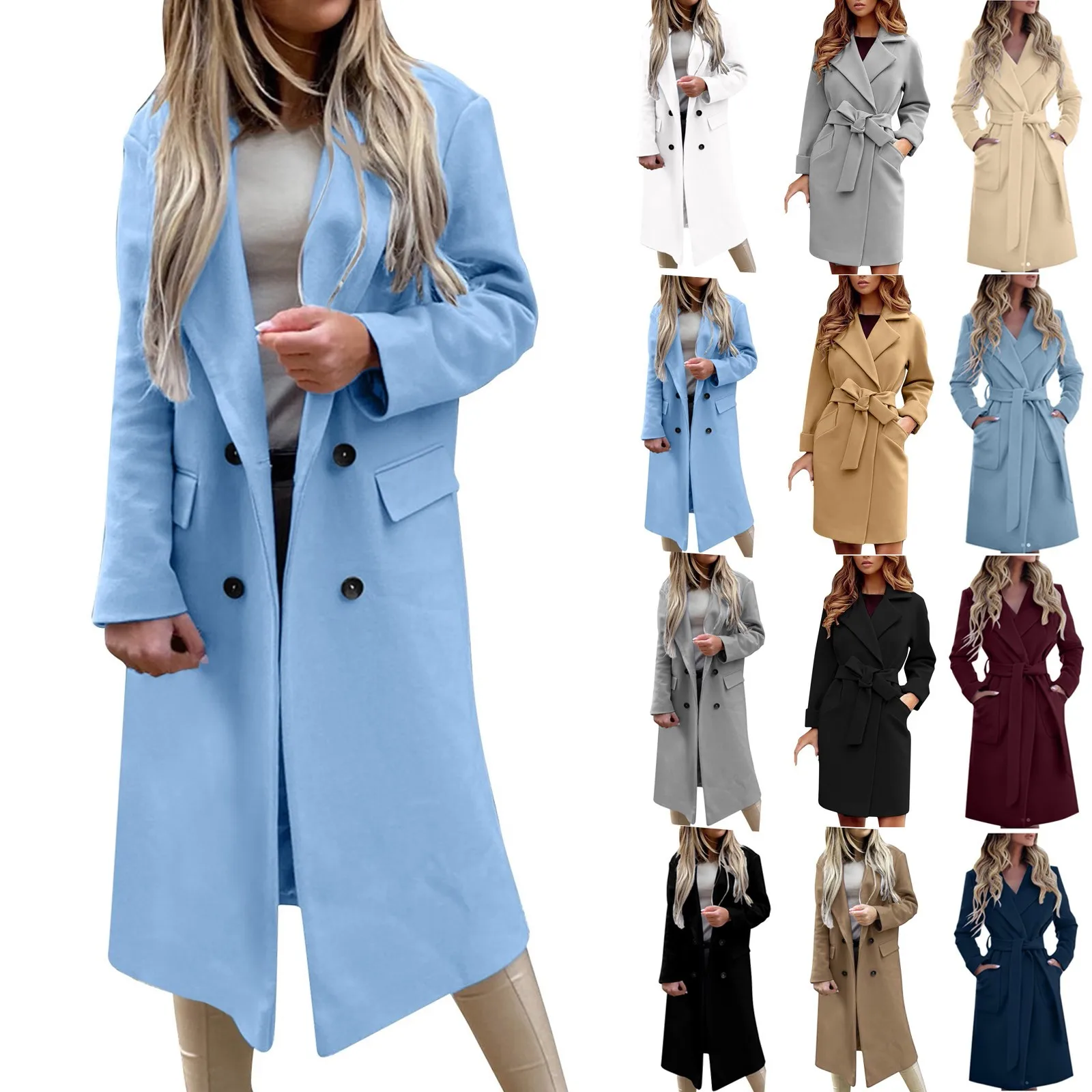 Women'S Jacket Woolen Fashion Slim-Fit Belt Lapel Woolen Pocketed Shacket Flannel Jacket Coats Double Breasted Oversized Outwear