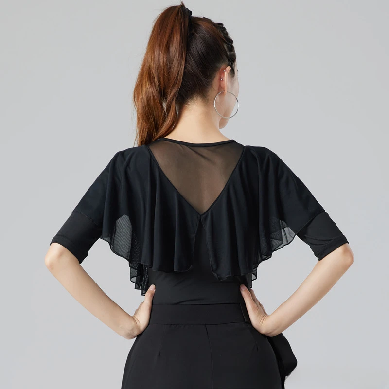 Women Waltz Black Top Ruffled Latin Dance Mid-Sleeve Shirt New Modern Dance Practice Clothes Lady Samba Dance Clothing