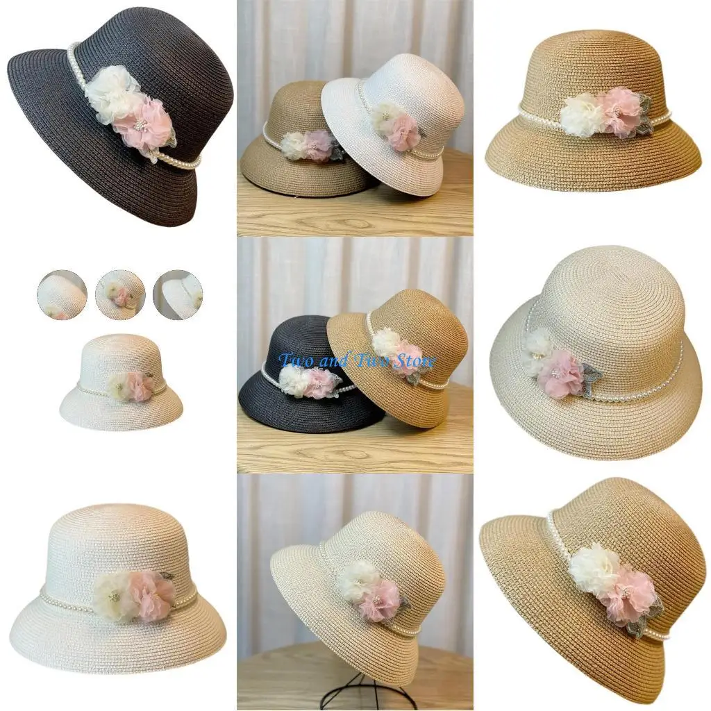 

HX6F Western Straw Hat with Flower Handwoven Breathable Sun Hat British Hat Elegant Pearl Chain Straw Hat with Flower