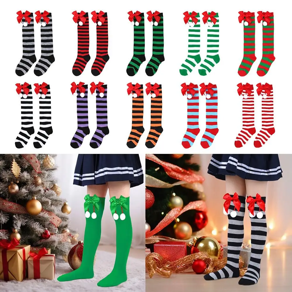 Soft Bow Hair Ball Christmas Socks Stripe Polyester Christmas Stocking Anti Friction Kids Socks Autumn and Winter