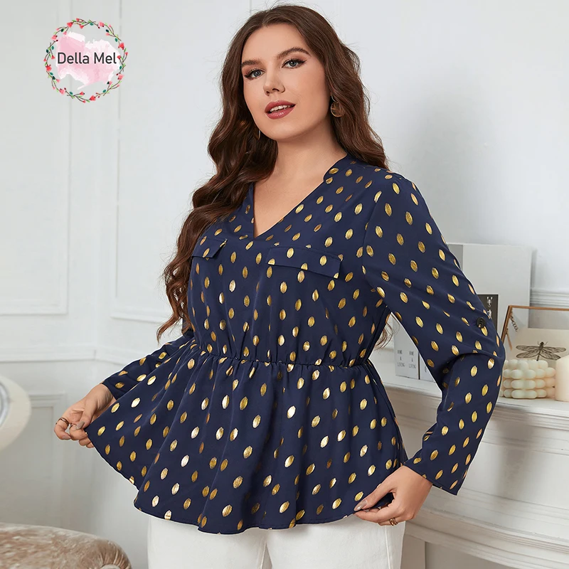 Della Mel Plus Size Women Clothing Vintage Polka Dot Printed Classic Blouses Fashion V Neck Chiffon Party Casual Big Size Tops