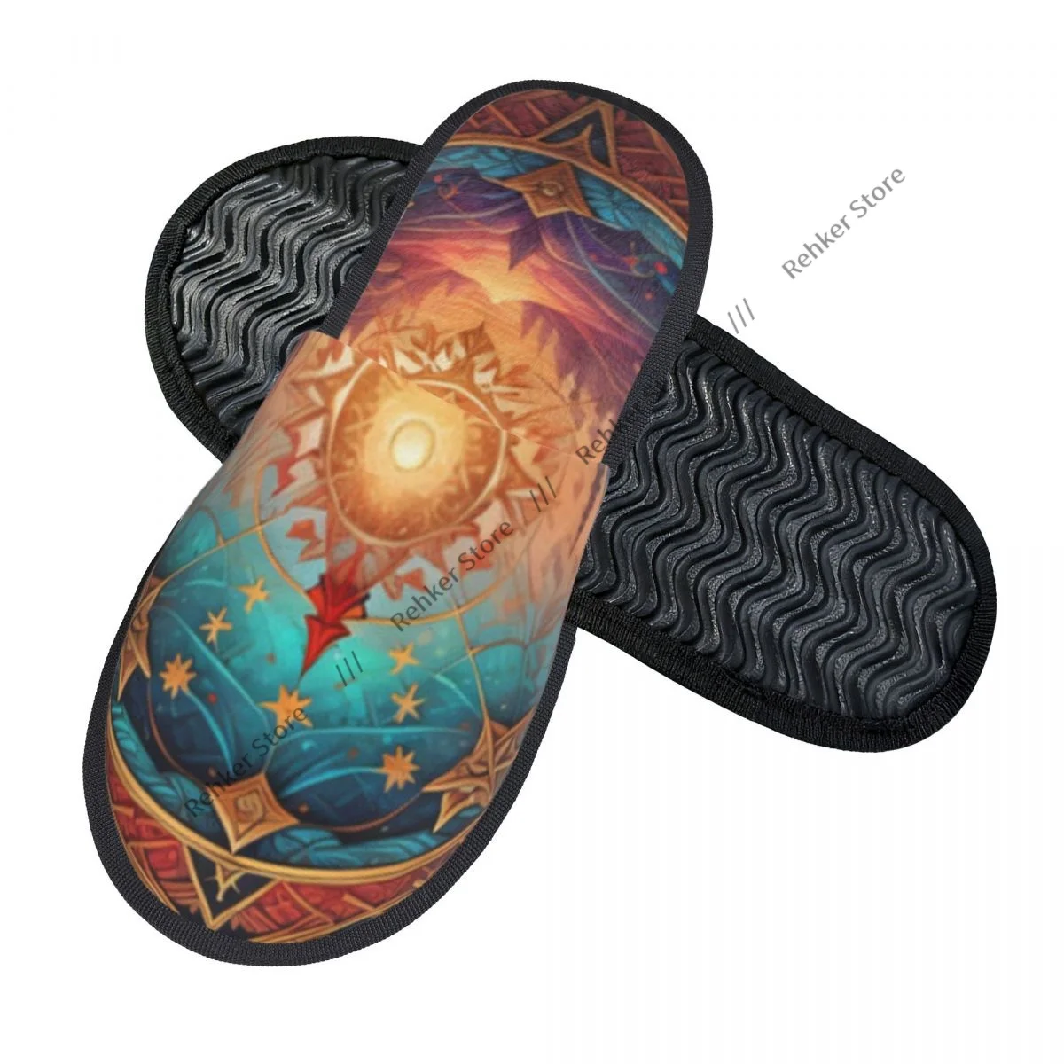 Winter Warm Women Men Plush Flat Indoor Slippers Mandala Sun And Forest Furry Home Non-slip Shoes