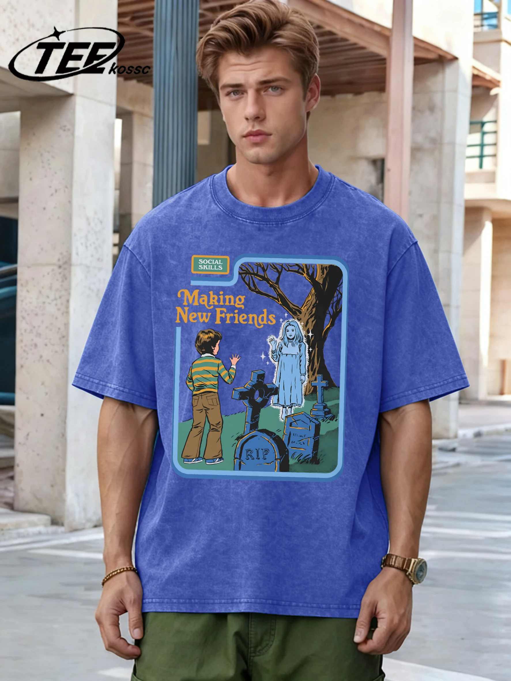 Making New Friends Design Washed T-Shirt Mann Sommer O-Ausschnitt Atmungsaktive Retro T-Shirts Trendige Baumwolle All-Match Top Unisex Kleidung