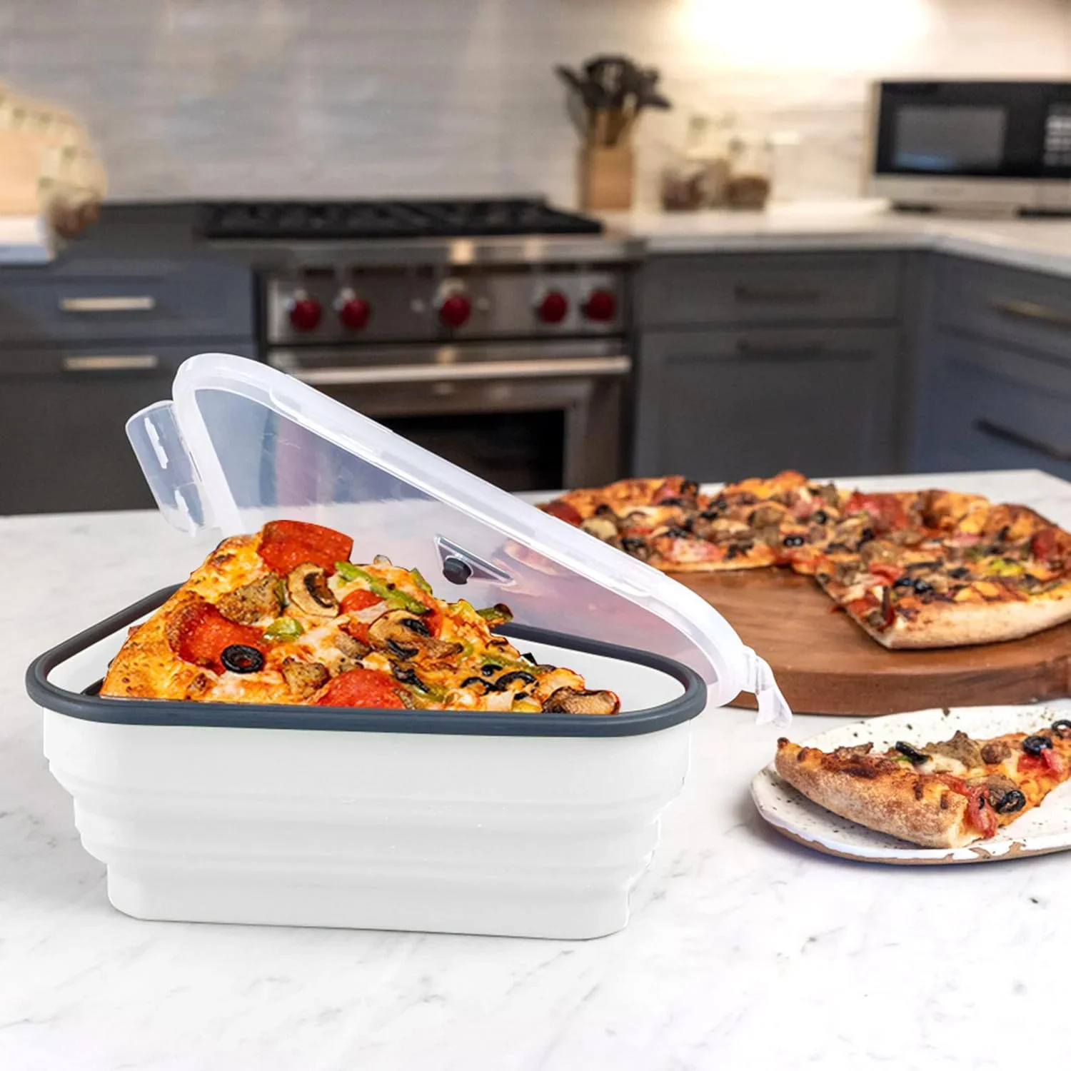 1pc organizadores de cozinha fatia de pizza recipiente de alimentos com tampas silicone reutilizável lancheira dobrável suporte de armazenamento de fatia de pizza salvar