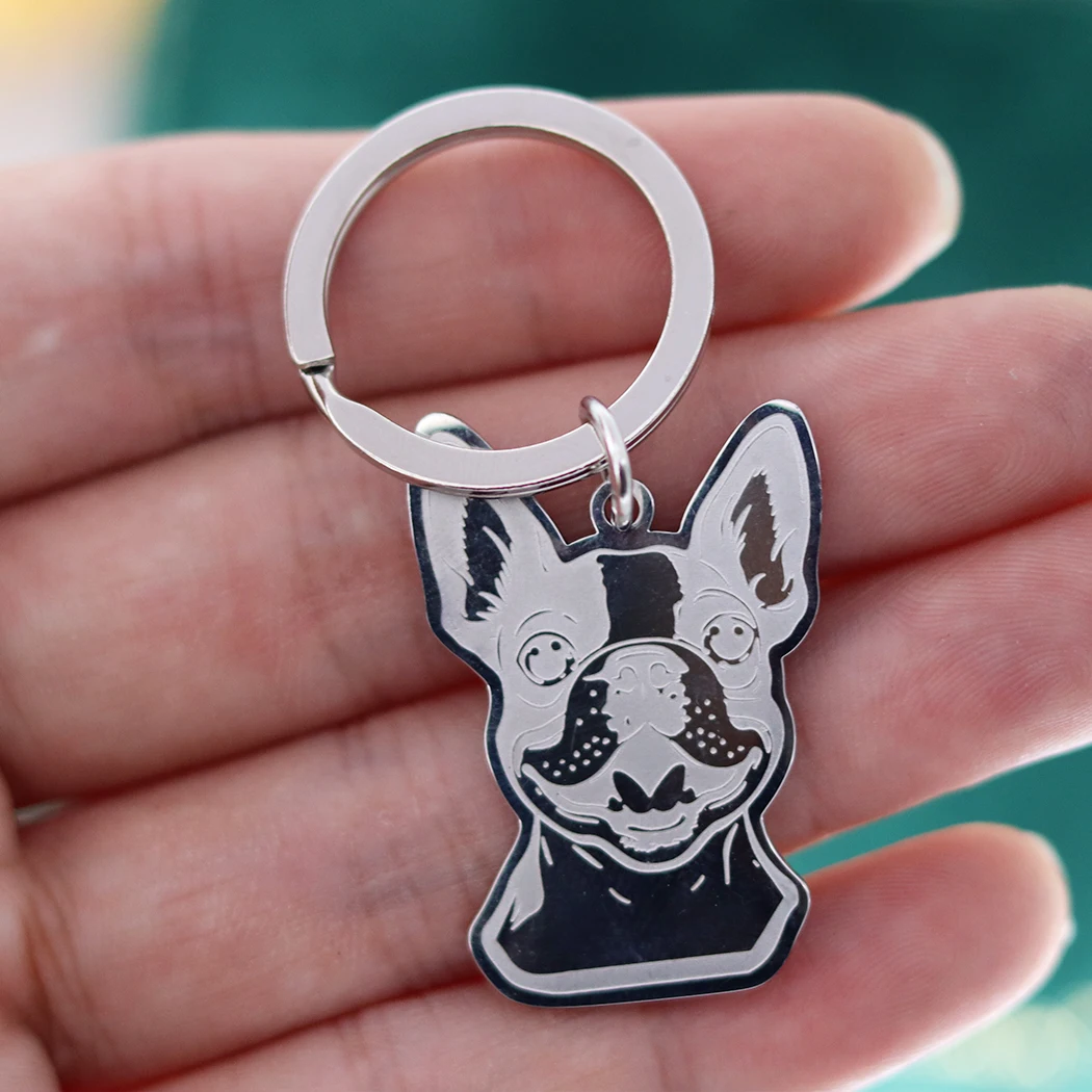 Cute Pet Boston Terrier Dog Lucky Charms Stainless Steel Trendy Keychain for Women Men Kids Gifts Jewelry Keyring Deco Supplies