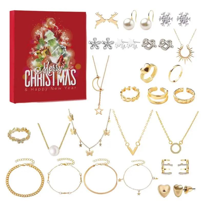 2023 Adventskalender Weihnachts-Adventskalender 2023 für Kinder Schmuckschatulle 8 Ohrringe 6 Ringe 6 Halsketten 4 Armbänder Strumpf