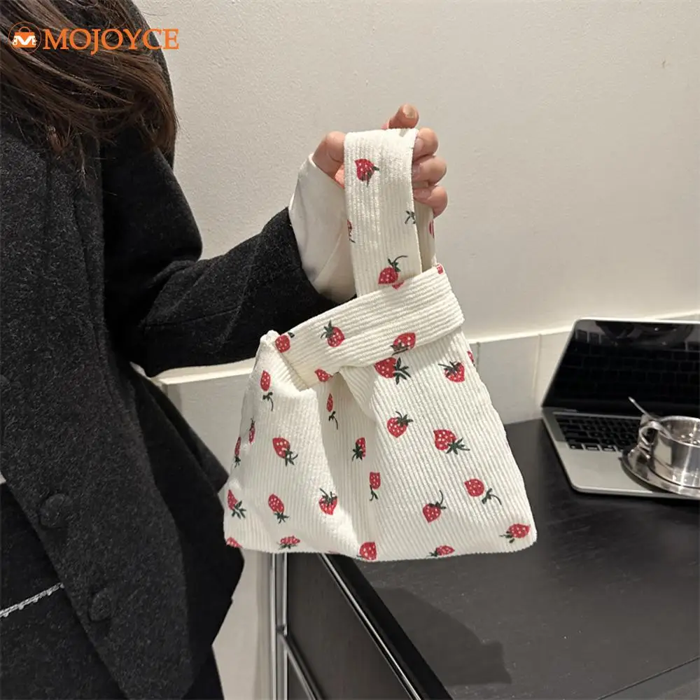 Japanese Aesthetic Tote Bag Corduroy Strawberry Pattern Wrist Bags High Quality Fashion Small Handbags Ladies Cute Armpit Purses