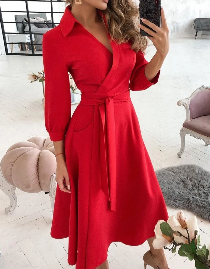 Women's Elegant Dress 2024 Autumn Winter Latest Turn-Down Collar Lantern Sleeve Maxi Shirt Dress Tied Long Sleeve Long Skirt