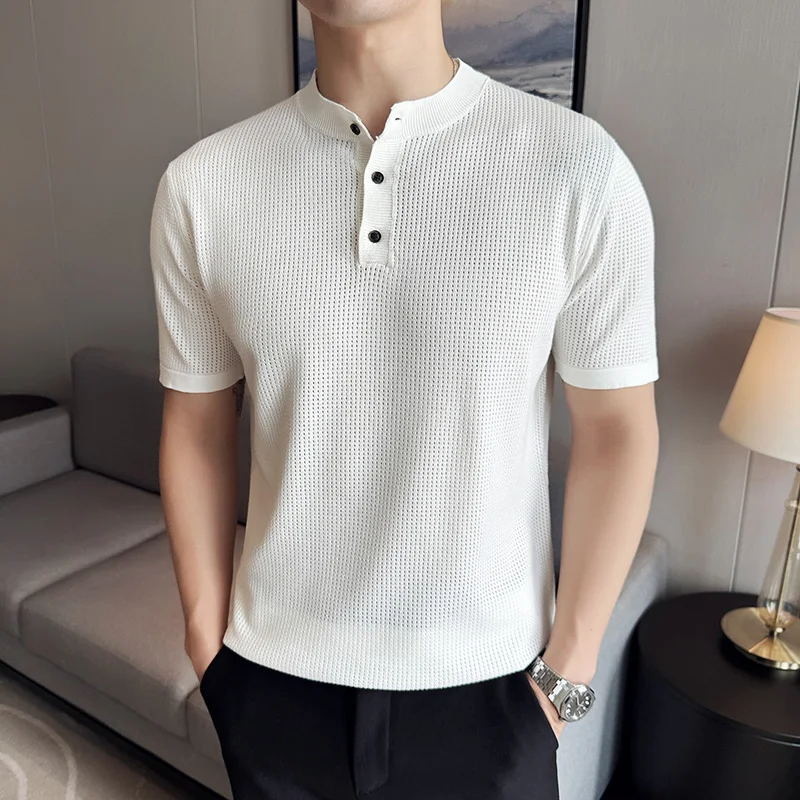 Men\'s Polo Shirt 2024 Summer New Thin Chinese Stand Up Collar Solid Color Knitted Short Sleeved T-shirt Casual Men\'s Clothing