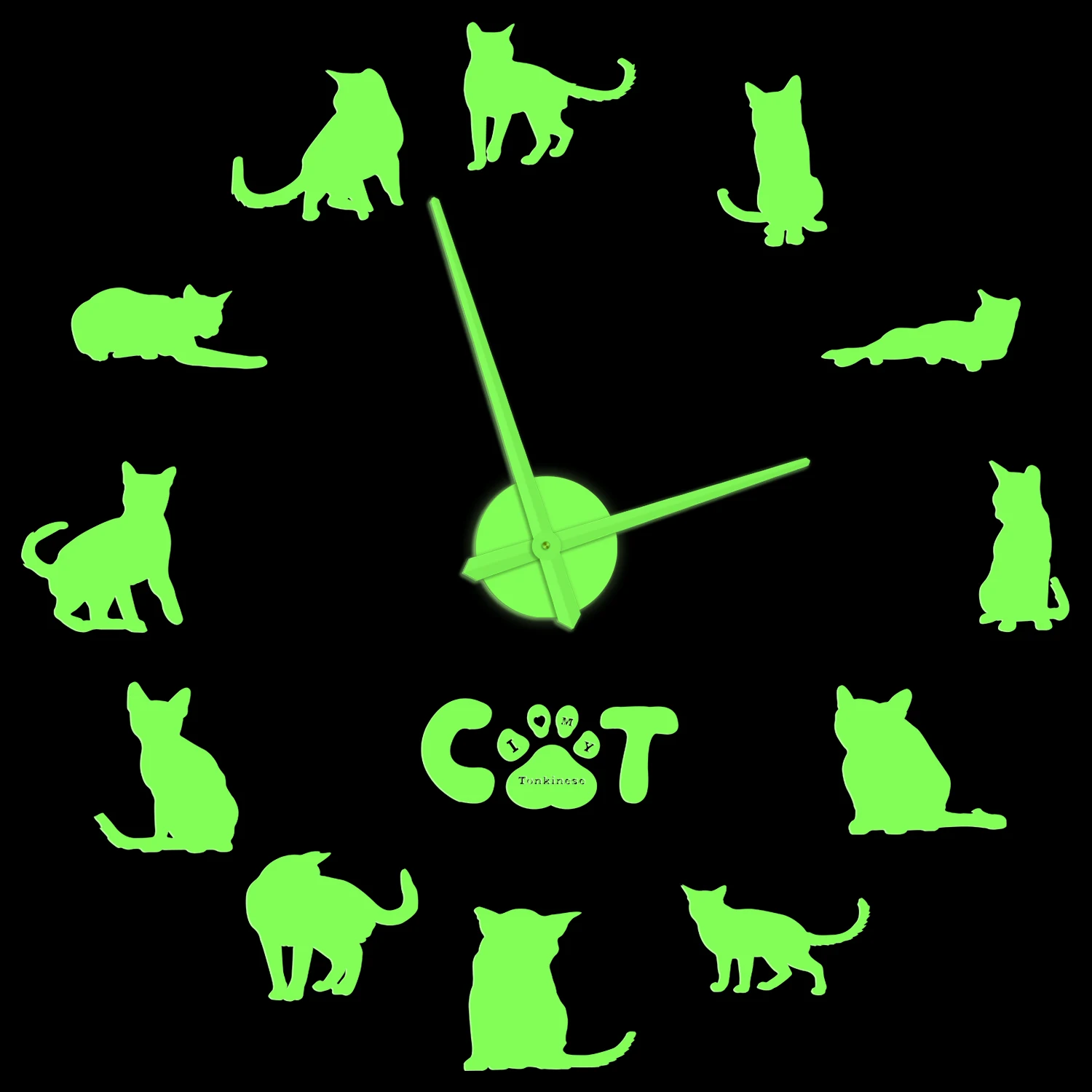 Tonkinese Cats Breed Luminous Wall Clock Animals Kitty Pet Living Room Decor Silent Self Adhesive Giant DIY Watch Glow In Dark