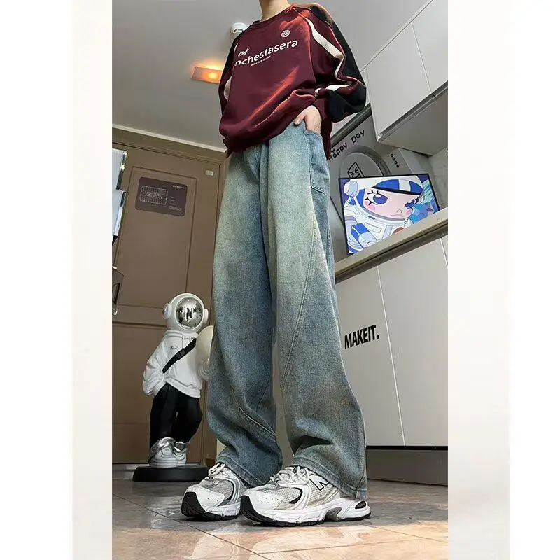 M-XXXXXL Plus Size Vintage Men's Curved Hem Jeans Retro Distressed Denim Pants for Casual Streetwear Baggy Jeans Man Bottoms 5XL