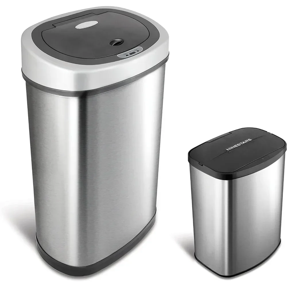 Automatic Touchless Infrared Motion Sensor Trash Can Combo Set, 13 Gal 50L & 2 Gal 8L, Stainless Steel Base (Oval & Rectangular）