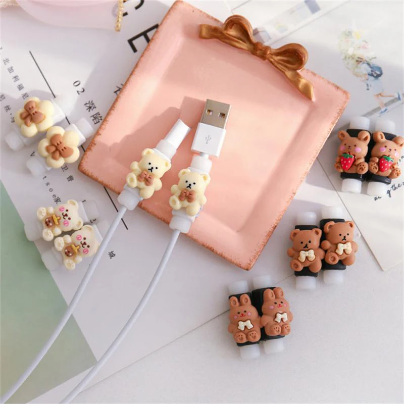 Cartoon Cute Bear Cable Winder For Samsung Xiaomi Huawei CellPhone Tablet PD Charger Data Cord Organizer Plastic Protector Cover