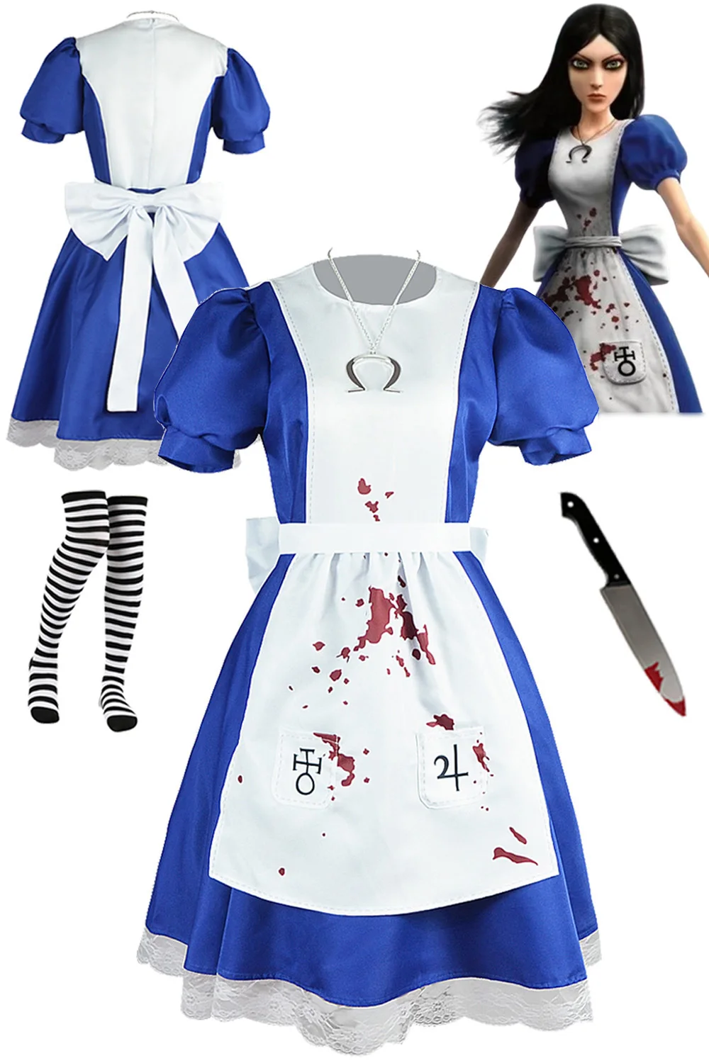 Fantasia Horror beängstigend Alice Cosplay Dienst mädchen Kleid Spiel verrückt zurück gegeben Disfraz Kostüm Frauen Fantasie Halloween Karneval Party Stoff