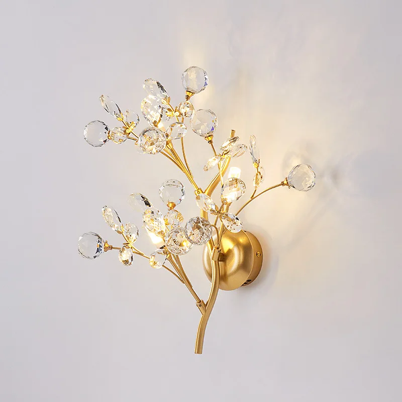 

Romantic Flowers Branches G4 Bulb Wall Lights Clear Crystal Living Room Bedroom Decoration Sconce Gold Metal Drop Shipping