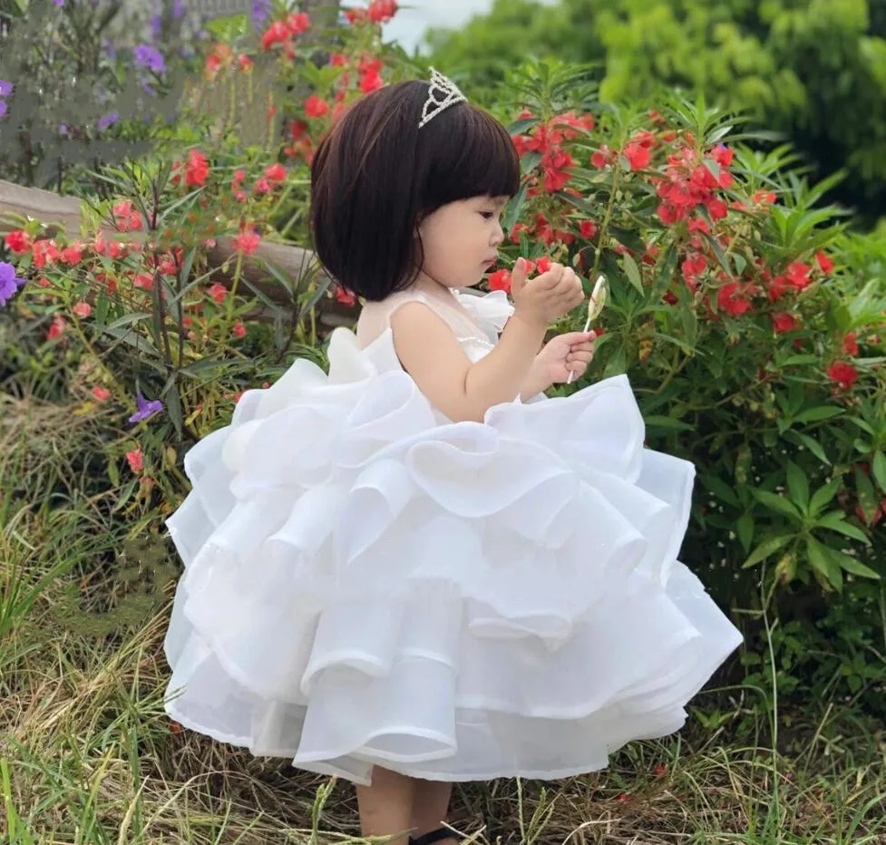 Handmade White Organza Flower Girls Dress for Wedding Tutu Short Kid Birthday Dress Christmas Party Gown Big Bow