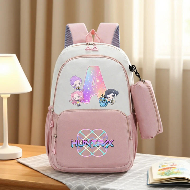

Kpop Demon Hunters Backpack pencil bag 2pcs Girl Student A-Z letter print Rucksack Children School Bags Large Capacity Book Bag