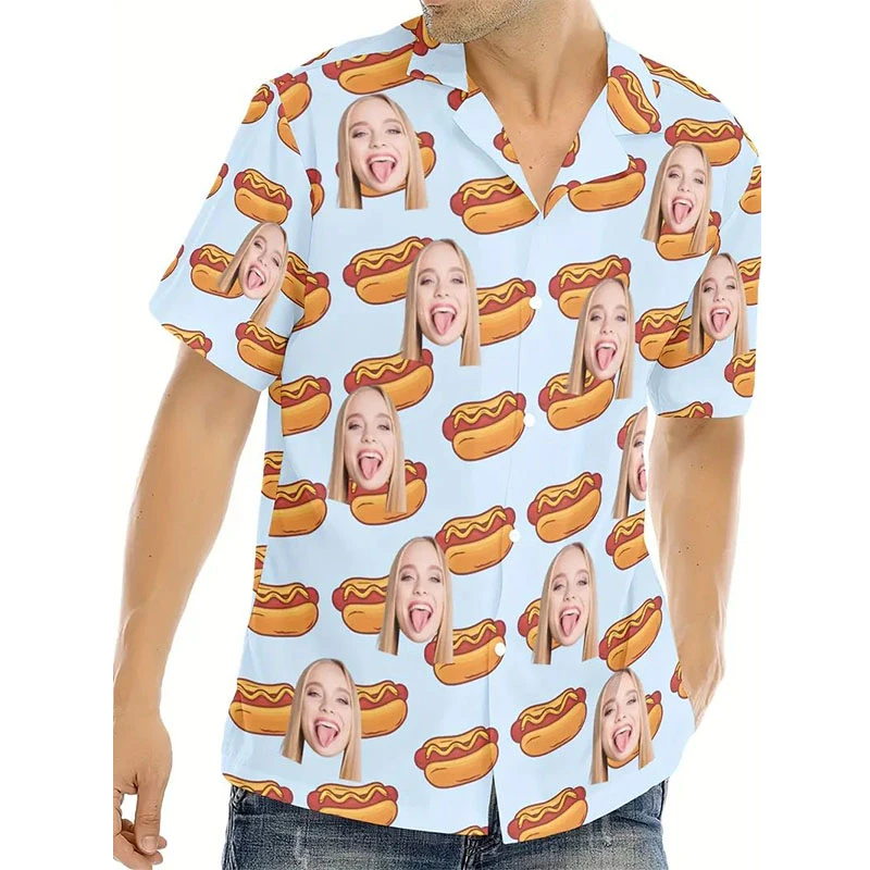 Hawaiian Custom Avatar Hot Dog 3D Printed Shirts For Unisex Funny Birthday Gift Personalized DIY Photo Blouses Women Couple Tops