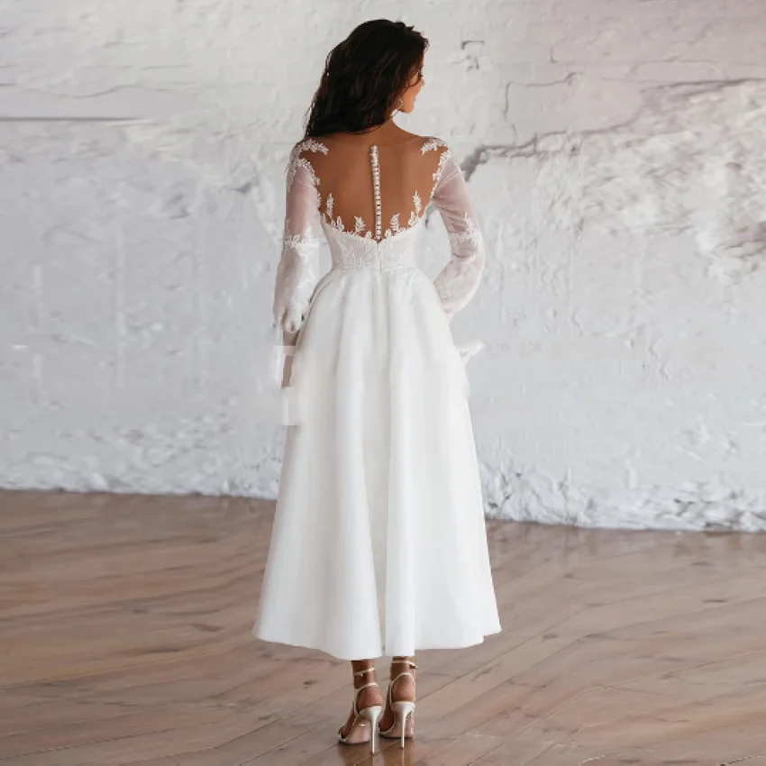 Bridal Gown Ankle Length Custom Made Civil Robe De Mariee Vintage Beach Short Wedding Dress For Woman With Long Sleeves