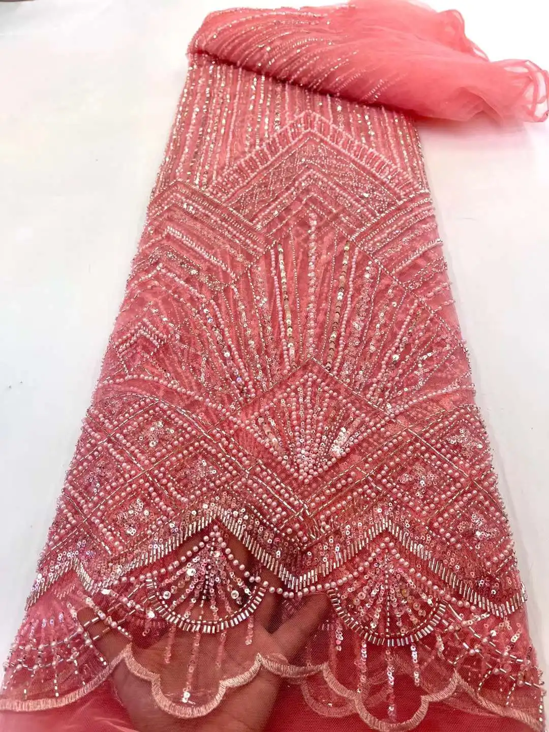 New Arrival Design Embroiderd French Lace 21JRB-51302 High Quality Sequins  Beaded Material for Lady Fashion Show or Party Dress