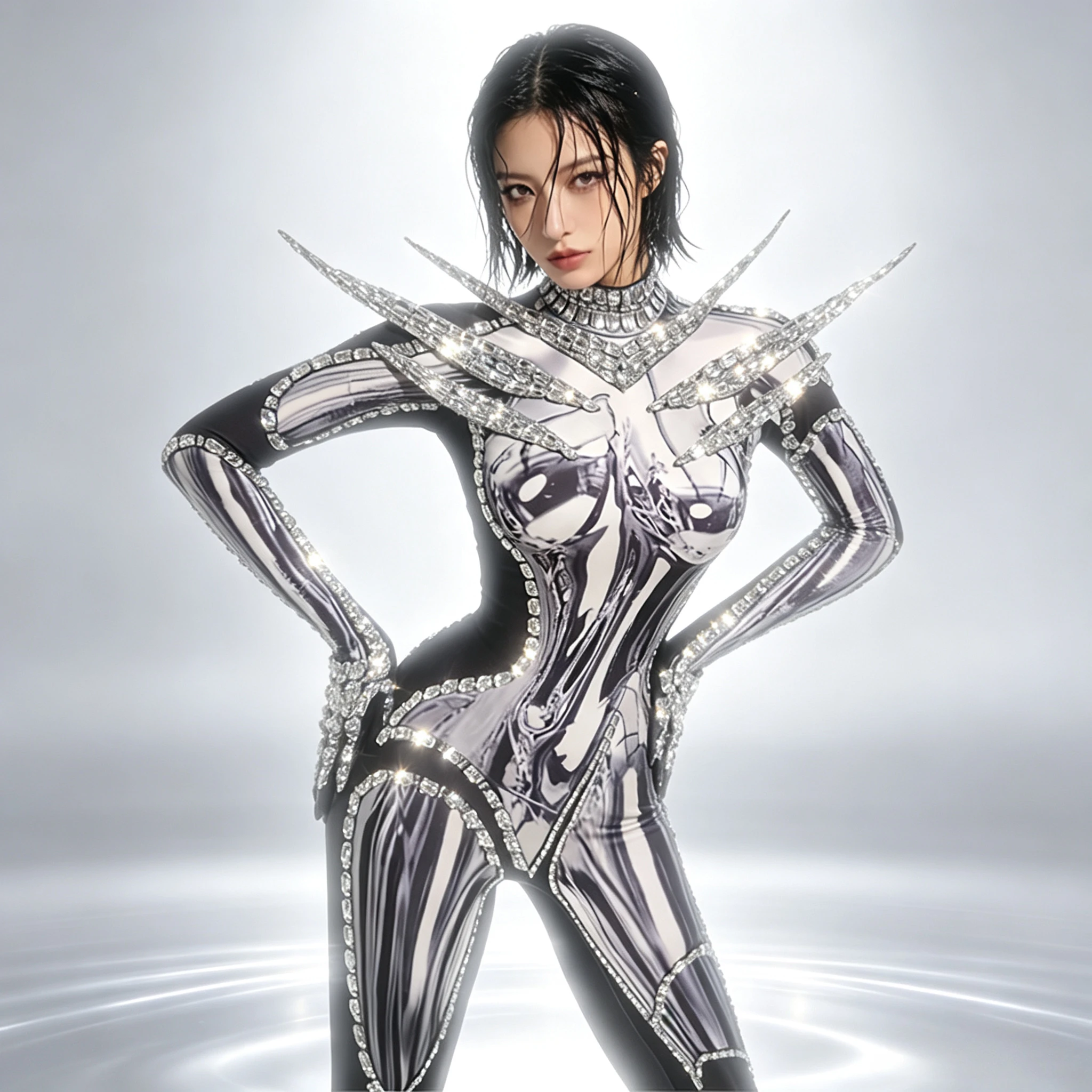 Halloween Party Cosplay Costume Silver Metallic Printed Rhinestone Trim Catsuit Women  Stage Performance Singer Dance Jumpsuit