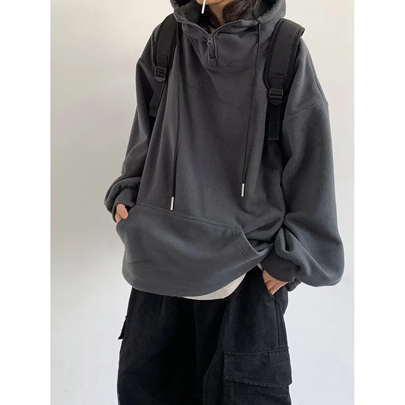 Japanese Casual Sweatshirt Men Women Vintage Fleece Insulated Hooded Coat Autumn Winter Outdoor Cargo Pullover Street Unisex Top