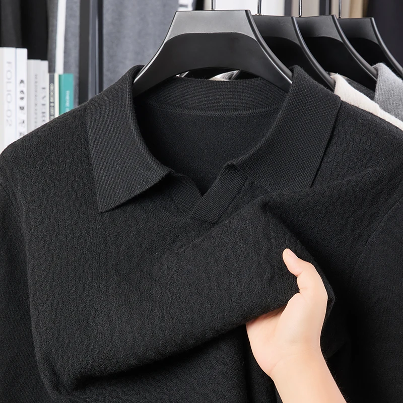 High quality fashion knitted long sleeve T-shirt men's autumn personalized jacquard polo shirt casual new warm V-neck sweater