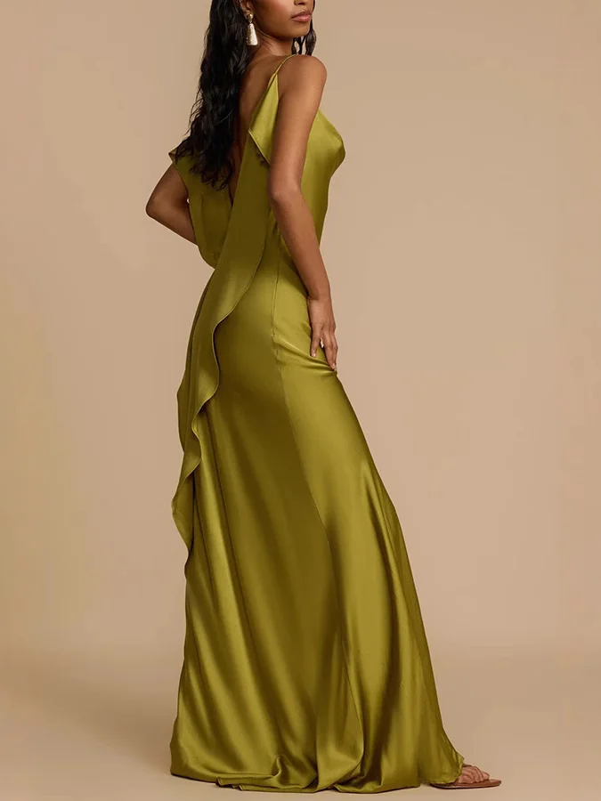 Décontracté fronde fente Satin Dr femmes sangle longue Dr Tfeta printemps automne hiver taille ample Svel couleur