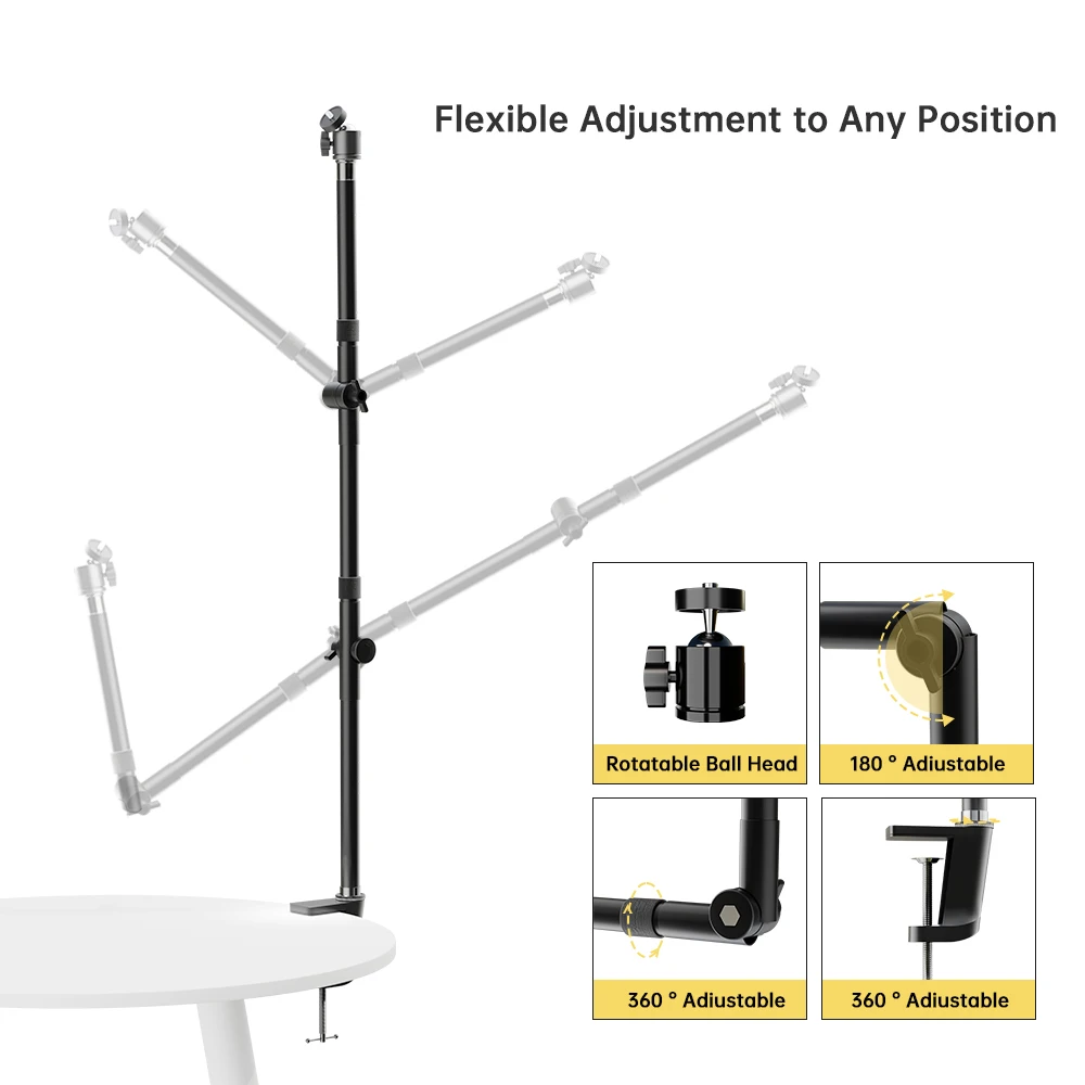 SH Flexible Three-section Metal Desktop Bracket 2kg Load Capacity With Ball Head Long Arm Camera Aluminum Stand