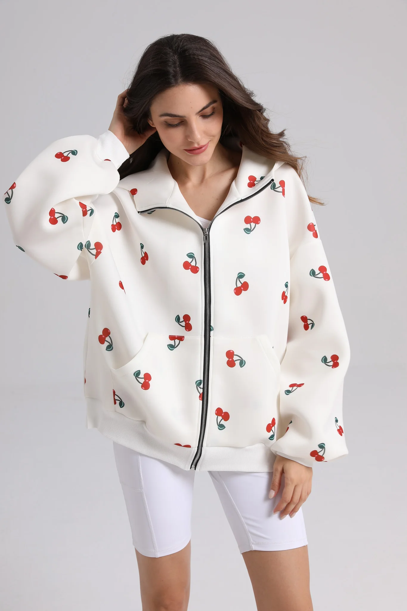 

2024 Autumn Women's models Cherry sport coat zip Hooded Loose Printed Sweatshirt Trendy Stylish Short Women's Tops Cardigans