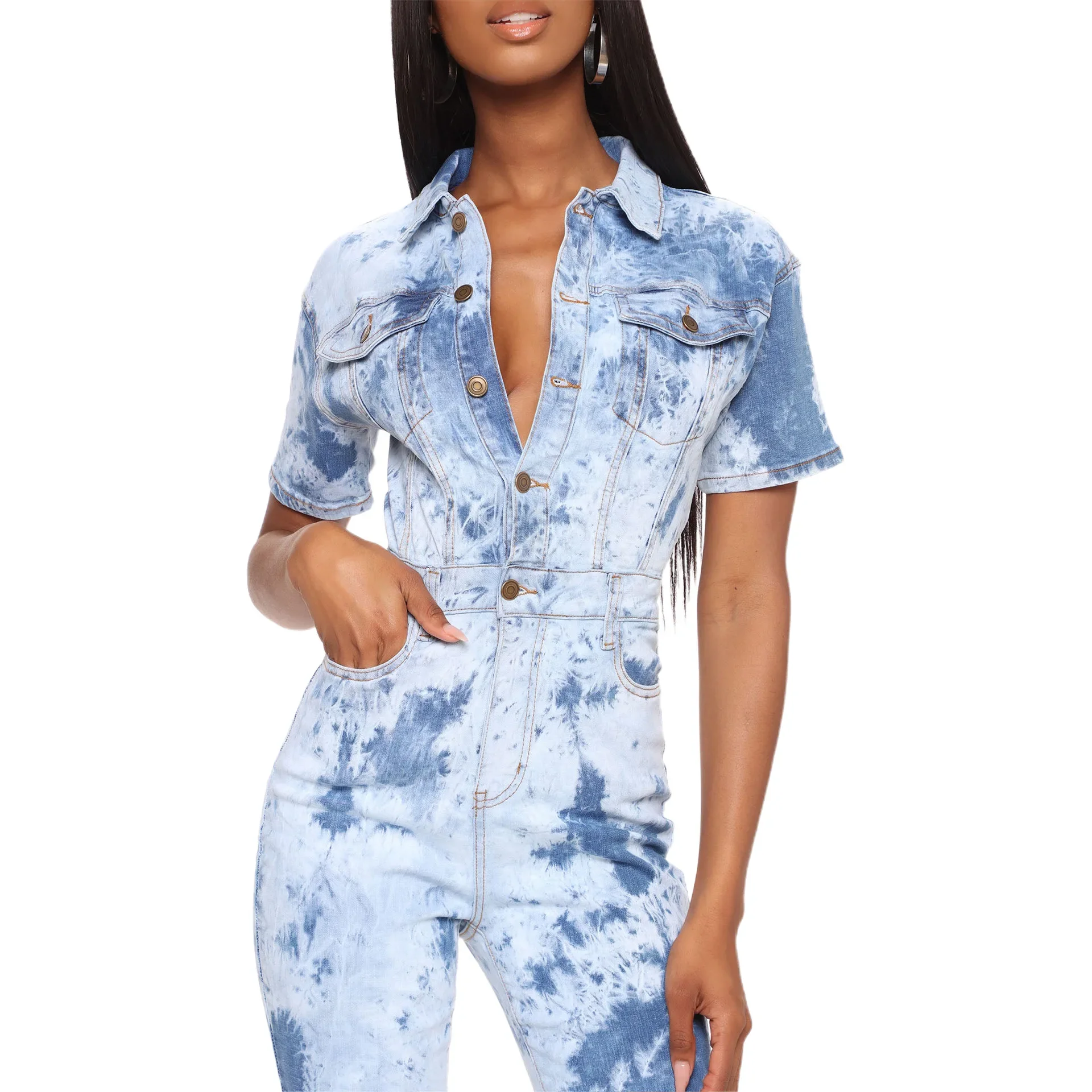 Women's Spring Sexy Fashion Wash Water Tied Flower Tied Bleached Denim Jumpsuit Short-sleeved Lapel High-waisted Denim Romper