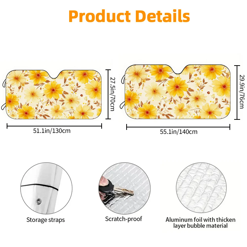 1pc Car Sun Visor, Light Yellow Floral Pattern Car Sunshade, UV Protection And Cooling, Suitable For SUV, Sedan, RV Decoration