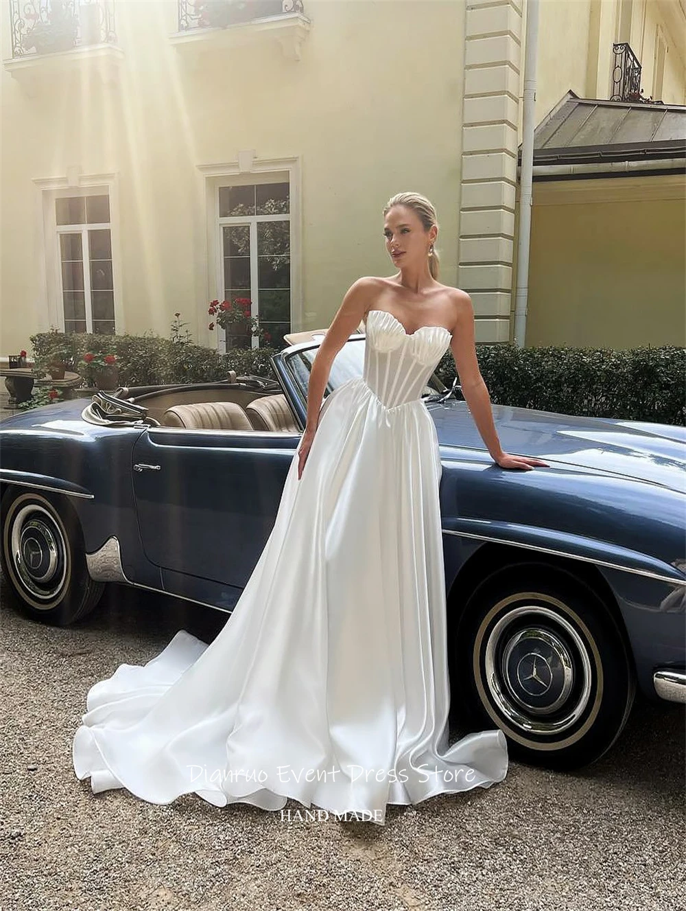 Dianruo A Line Pleated Wedding Dresses Floor Length Bridal Vestido De Noiva Sleeveless Shiny Satin Homecoming Dress Customized