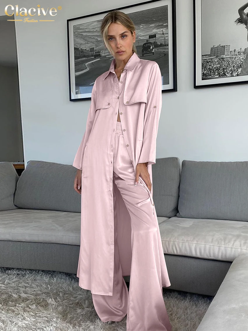 

Clacive Fashion Loose Pink Satin 2 Piece Sets Women Outfit 2024 Elegant Long Sleeve Shirt With High Waist Wide Pants Set Female