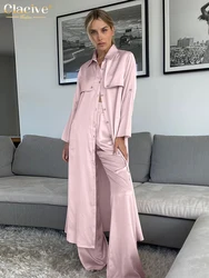 Clacive Mode Losse Roze Satijn 2-delige Sets Vrouwen Outfit 2024 Elegant Shirt Met Lange Mouwen Met Hoge Taille Wijde Broek set Vrouwelijke