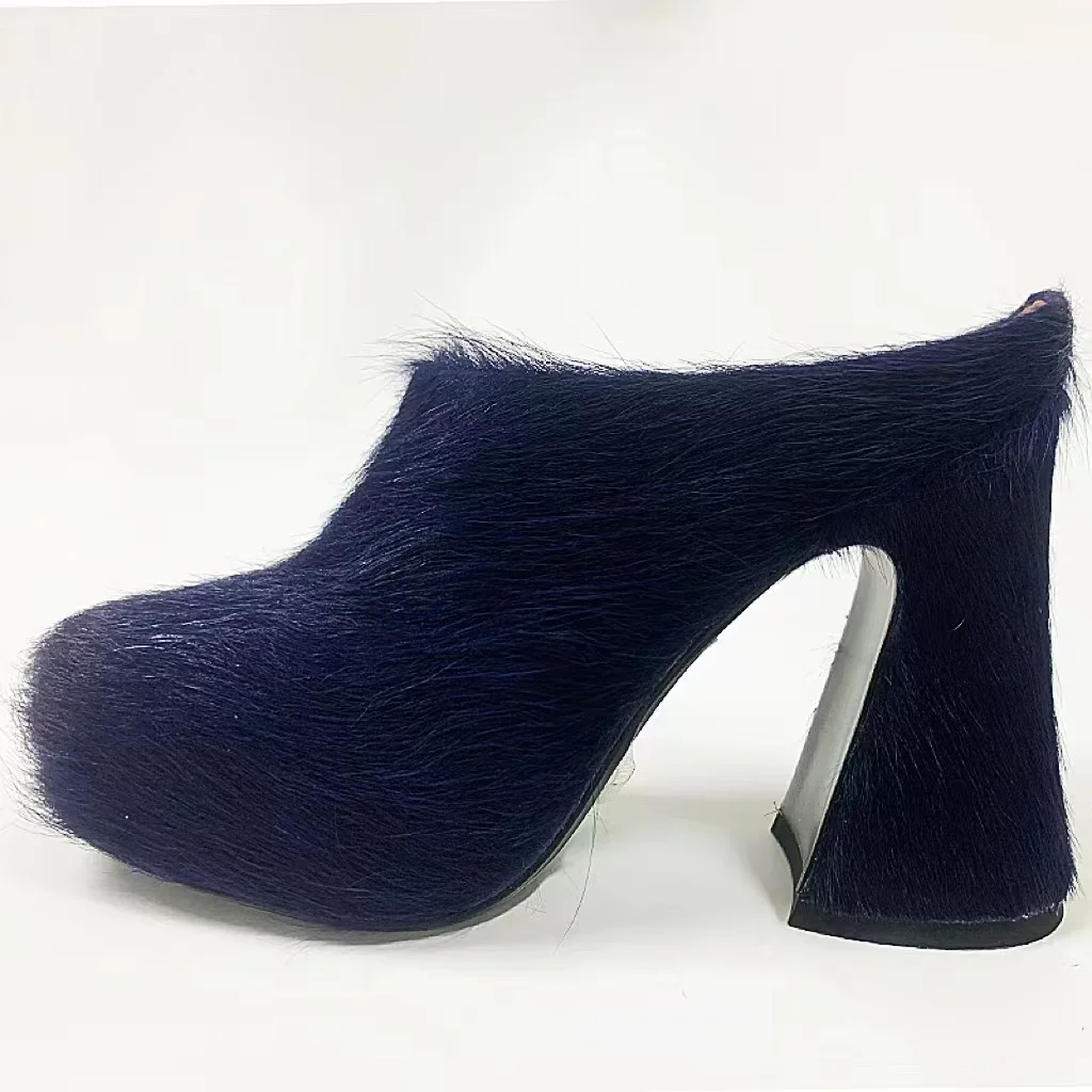 

Deluxe Designer Hot Sale Women's Horsehair Fur High Heels Italy Elegant Fashion Real Leather Round Furry Mules Shoes