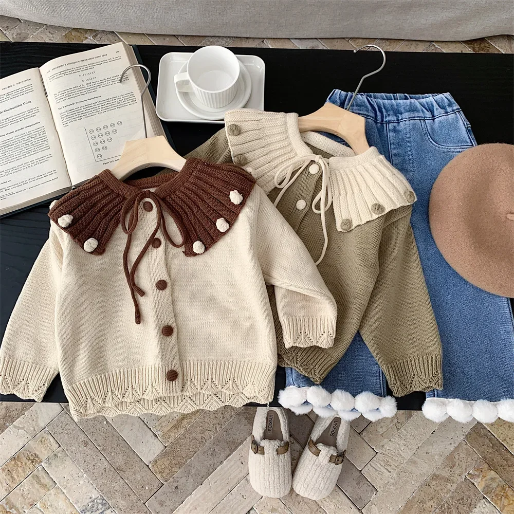 Sweaters Childrens Clothing Autumn New Korean Girl Big Collar Simple 2024 Loose Coat Baby Knitting Cardigan Striped