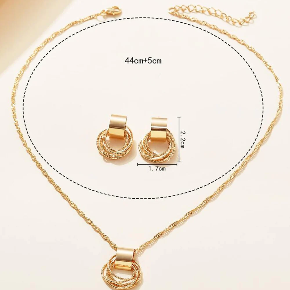 2 PCS Set Multiple Small Circle Pendant Earring Set Gold Plating Link Chain Wedding Party Jewelry Set Silver Color Stud Earring