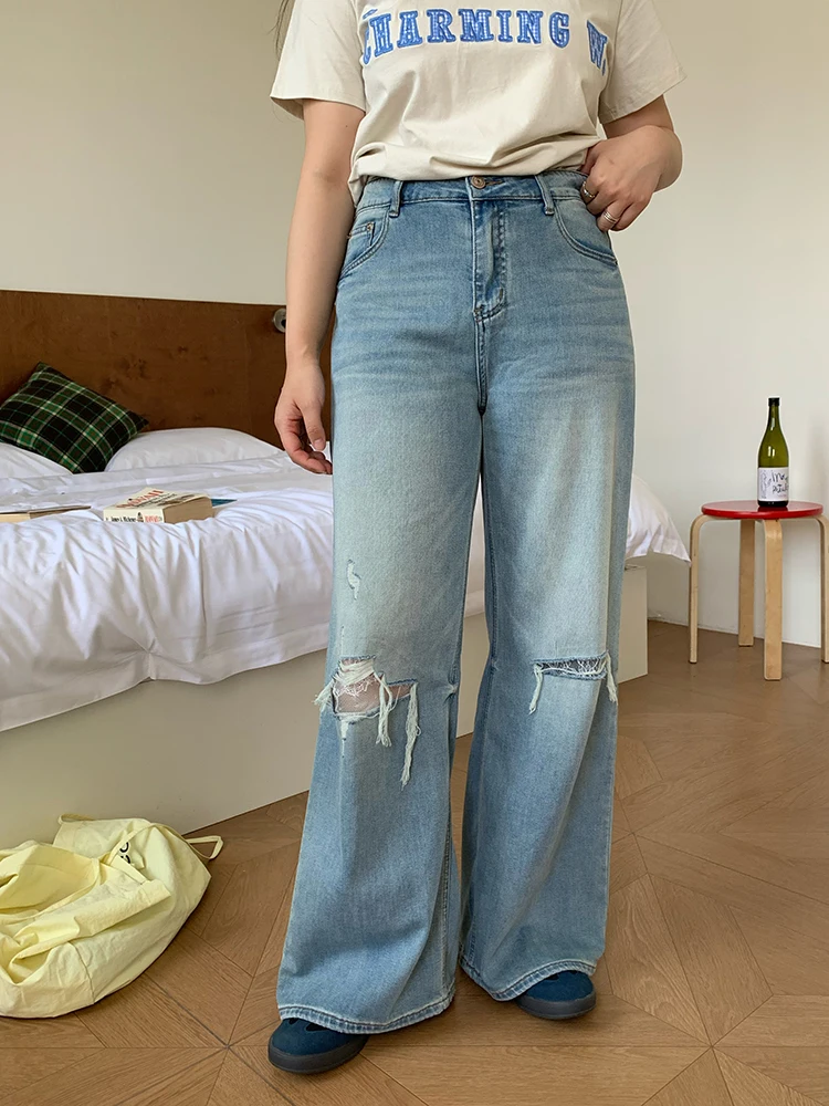 

plus Size Women's Jeans Lace Hole High Waist Straight Leg Loose Fit Summer Faion plus Size Ladies' Premium Denim