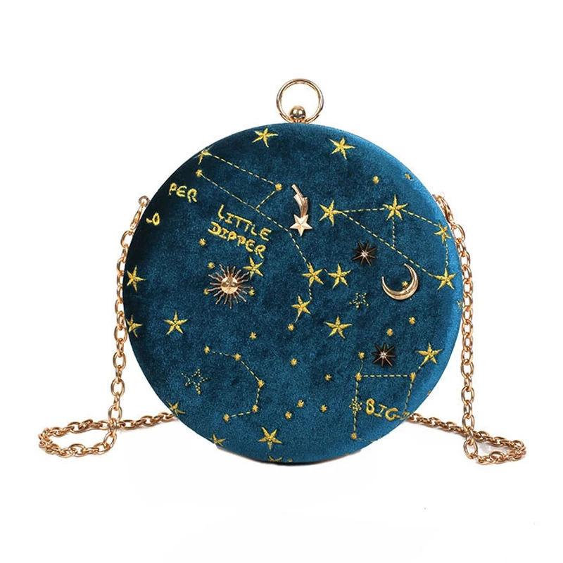 

Starry Sky Circular Suede Shoulder Bag Fashion Luxury Chain Belt Messenger Bag Women's Wallet Round Handbag Blue