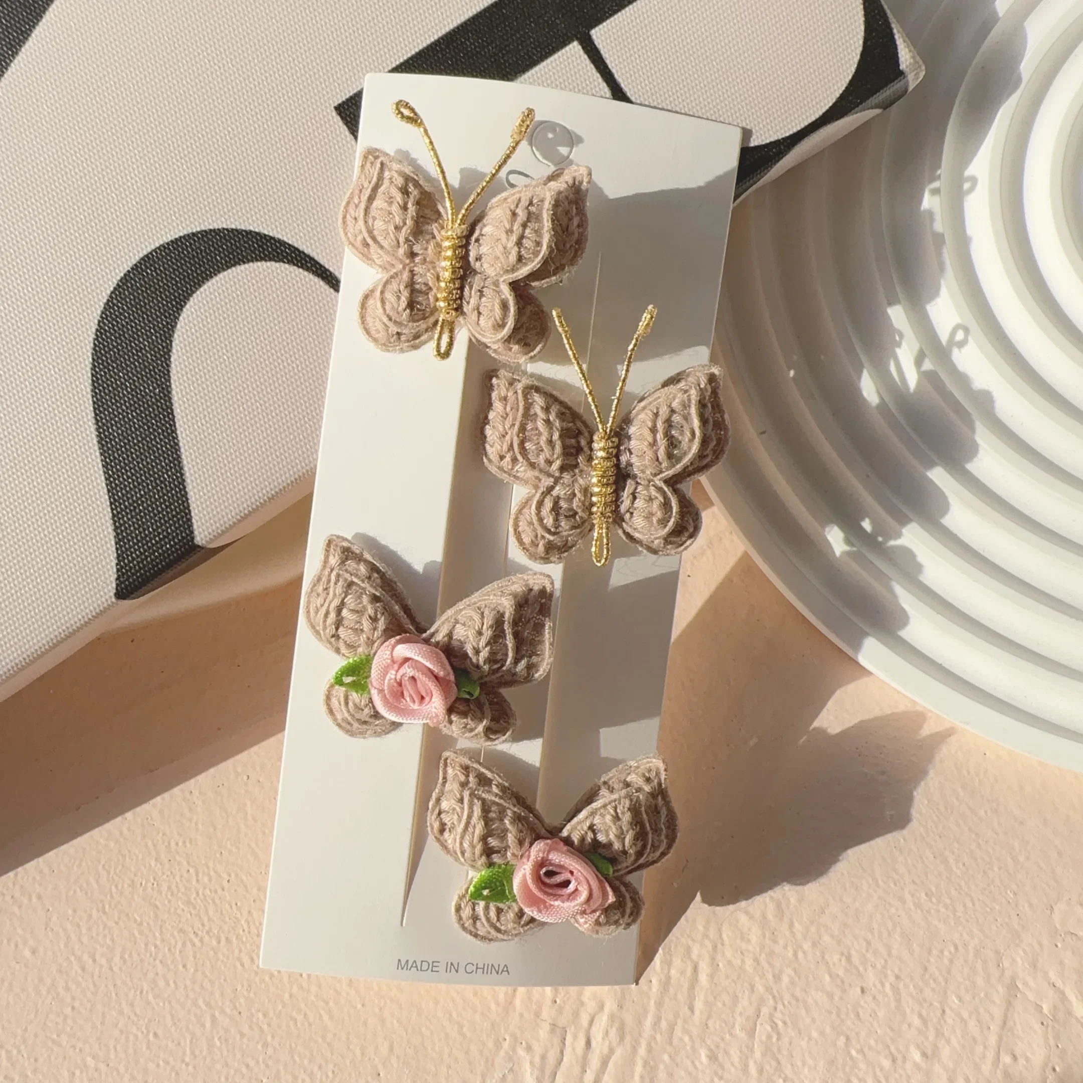 

4Pcs/card Wool Knitting Baby Handmade Headwear Crochet Butterfly Alloy Hairs Clips Kids Hairpins Wholesale Hair Accessories
