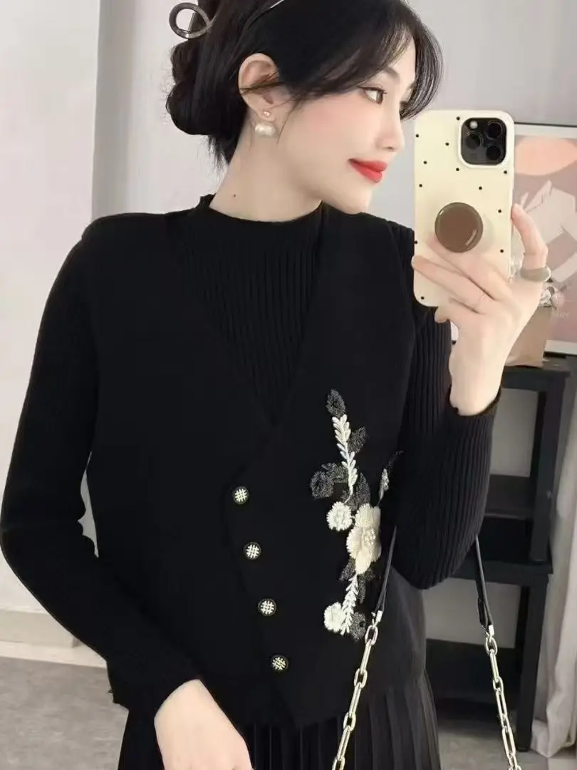 Damen-Strickweste, 2025, Herbst und Winter, neuer SLE V-Ne Layering Design Sensation Pullover, Oulder Bared Oberbekleidung