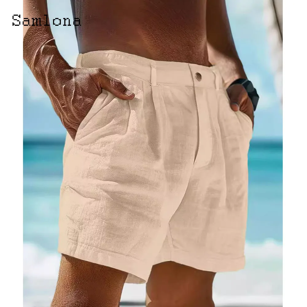 Mens Vintage Stand Pocket Cotton Linen Shorts 2024 European Style Casual Beach Short Pants Solid White Khaki Button Fly Hotpants