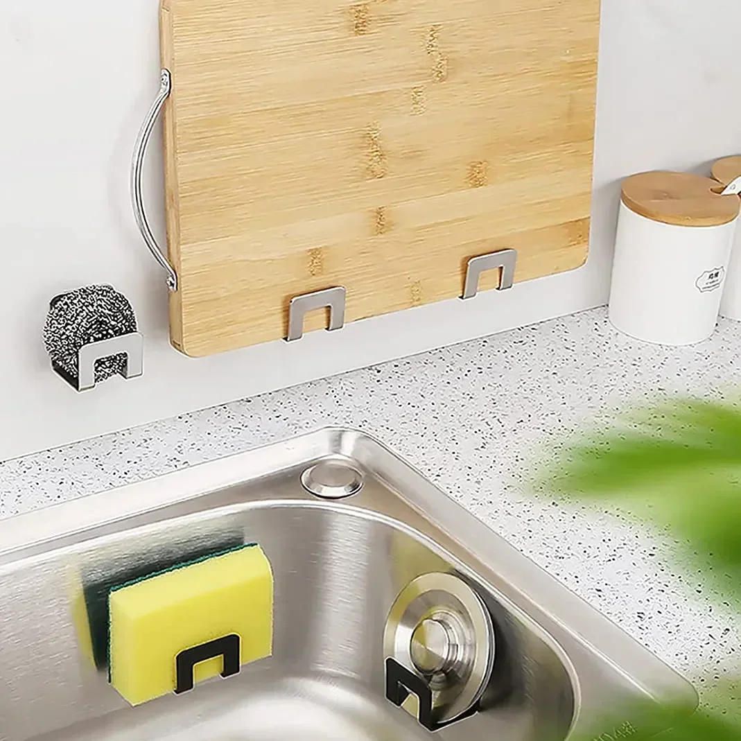 Stainless Steel Sink Tray Drainer Rack Kitchen Sink Sponge Holders Self Adhesive Hook Storage Holder Kitchen Wire Rag Organizer