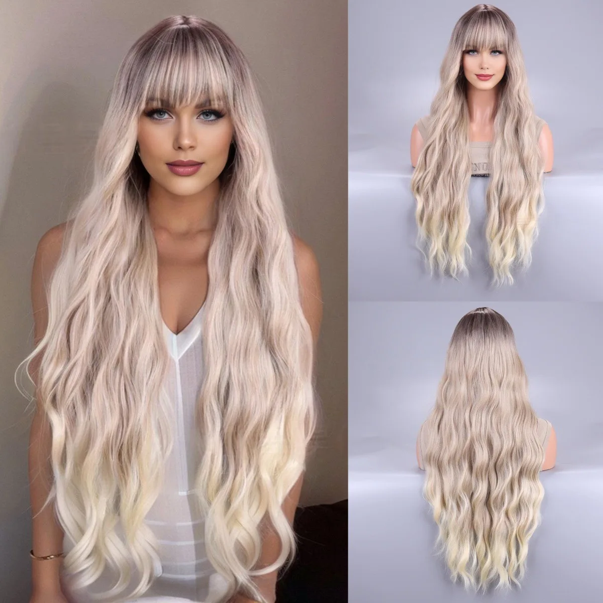 

European and American popular full headgear, blond long curly hair high temperature silk chemical fiber wig female direct sales
