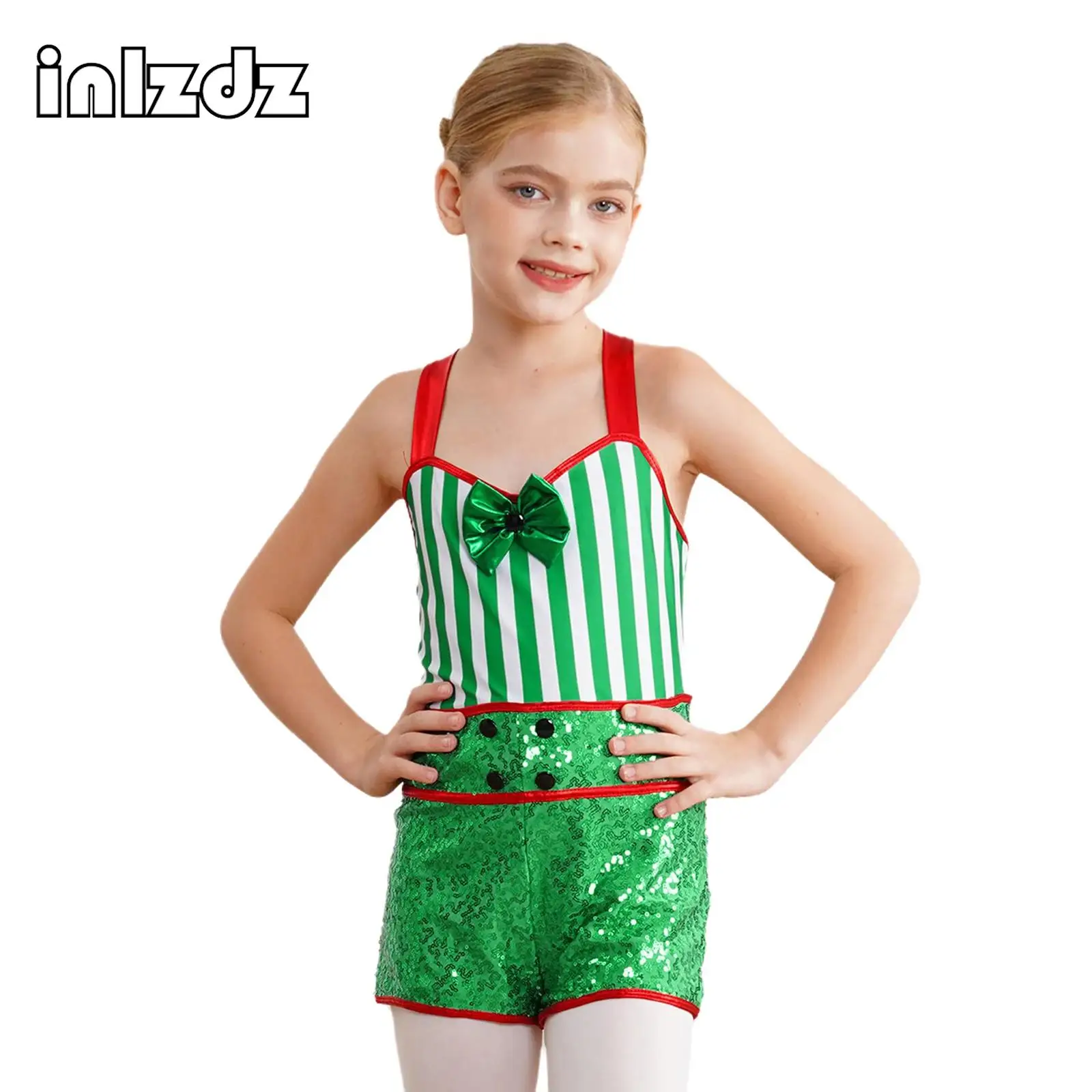 

Kids Girls Striped Christmas Bodysuit Candy Cane Sequins Unitard Dancewear Ballet Leotard Gymnastics Skating Performance Costume