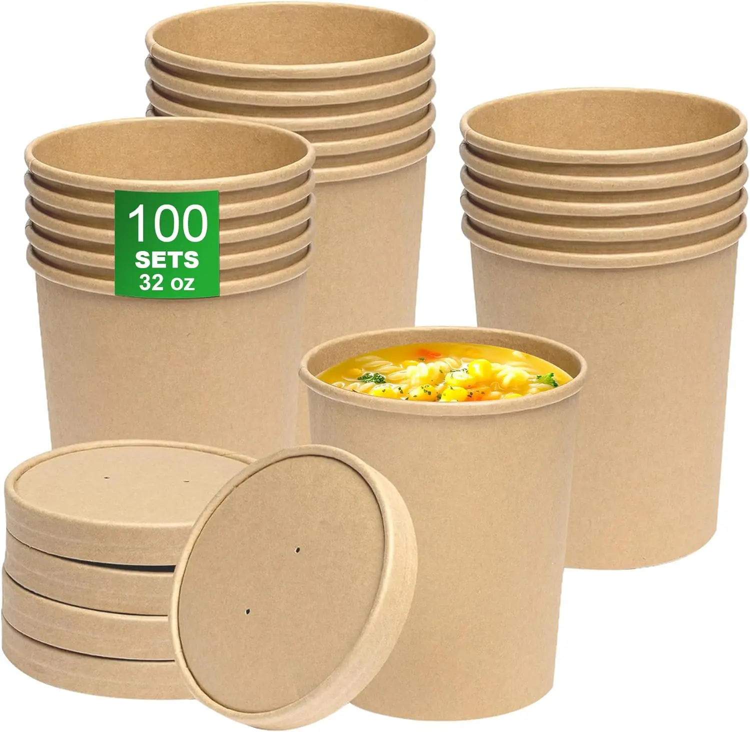 

Disposable Kraft Paper Soup Cups - 100 Sets 32oz Large To Go Soup Bowls with Vented Lids - Hot & Cold Friendly - Take Ou